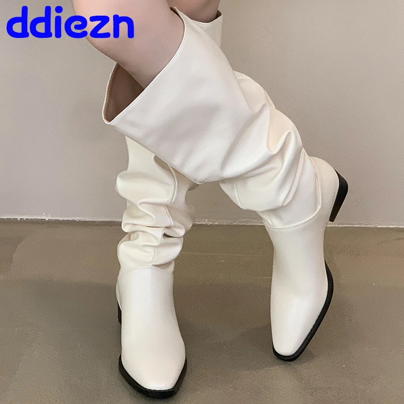 

4cm Heels Shoes Ladies Knee High Boots Footwear Female Designer Slip On Shoes Fashion Pleated Women Western Long Boots