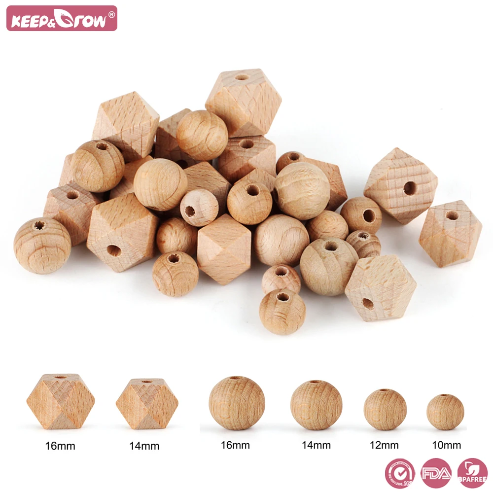 20pcs Beech Wooden Beads Hexagon Bead 10-16mm Wood Round Pearl Beads DIY Baby Pacifier Teething Necklace Natural Beech Bead