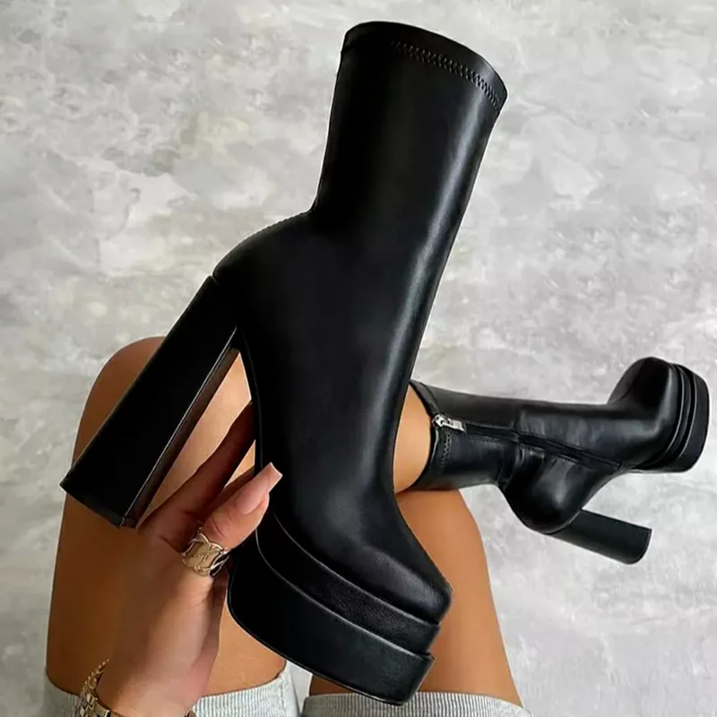 

2022 New Sexy Chunky High Heels Ankle Shoes for Women Punk Style Zipper Thick Platform Elasticity Microfiber Boots Femininos