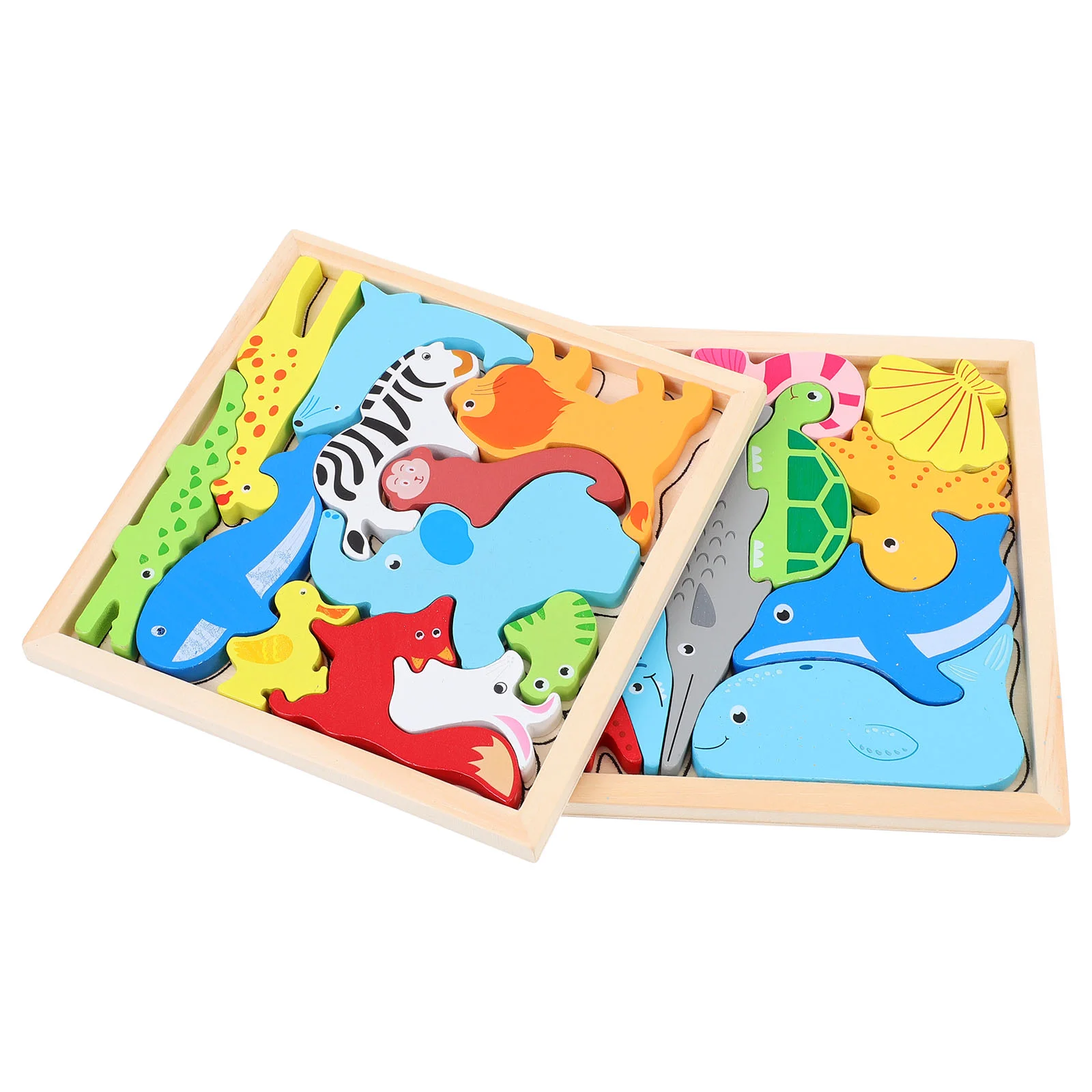 2 Sets Wooden Stacking Animals Block Toys Wood Puzzle Board Educational