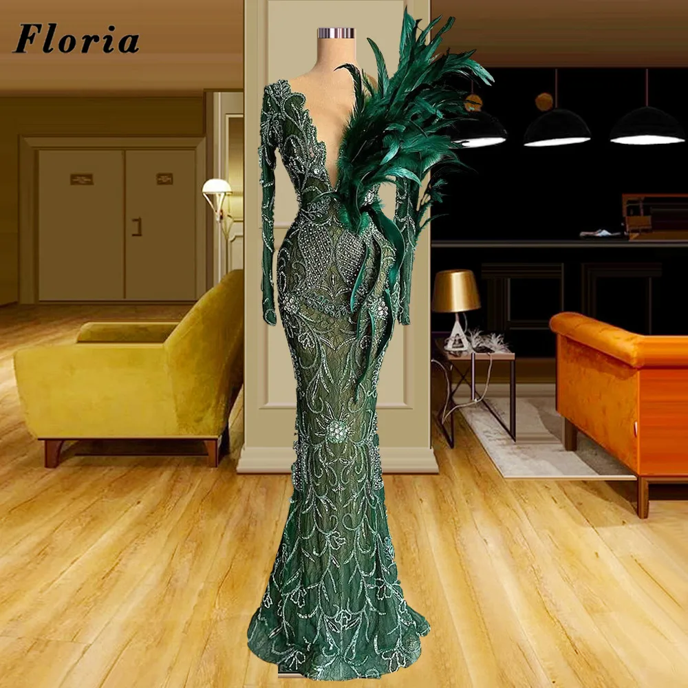 

Floria Haute Coutures 2022 Green Beading Evening Dresses Party Night Robes De Soiree Dubai Feathers Celebrity Dress Prom Gowns