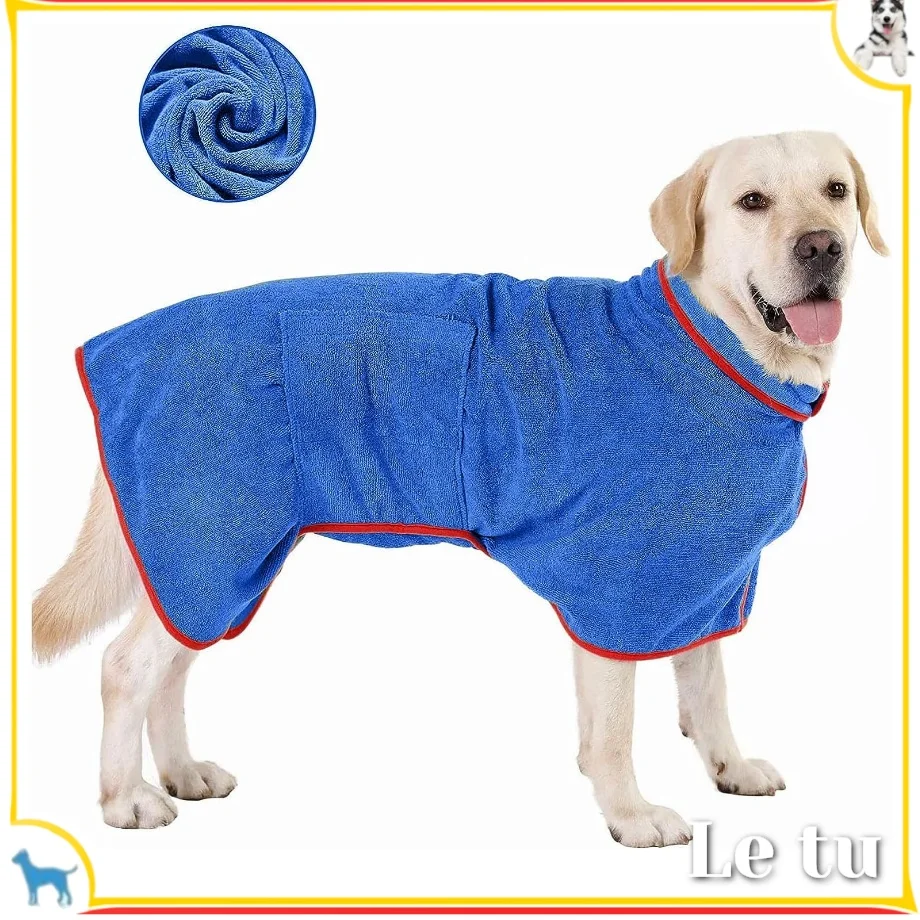 

Банный халат для собак и кошек, из микрофибры, банный халат, регулируемый ошейник и талия, пальто для домашних животных, быстросохнущий, голубой