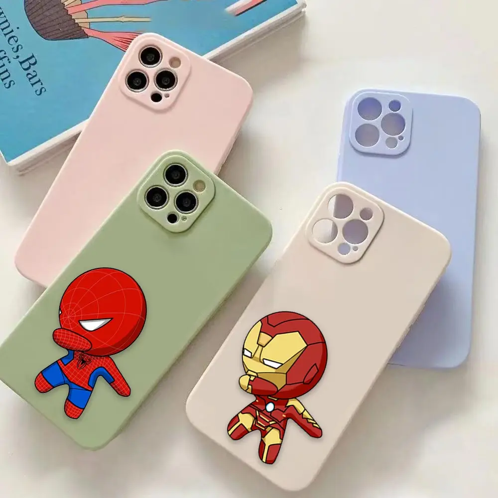 

Marvel Avengers Iron Man Spider Man Phone Case iPhone 11 12 13 14 Pro Max 7 8 Plus XR XS SE Straight Edge liquid Silica Gel Capa