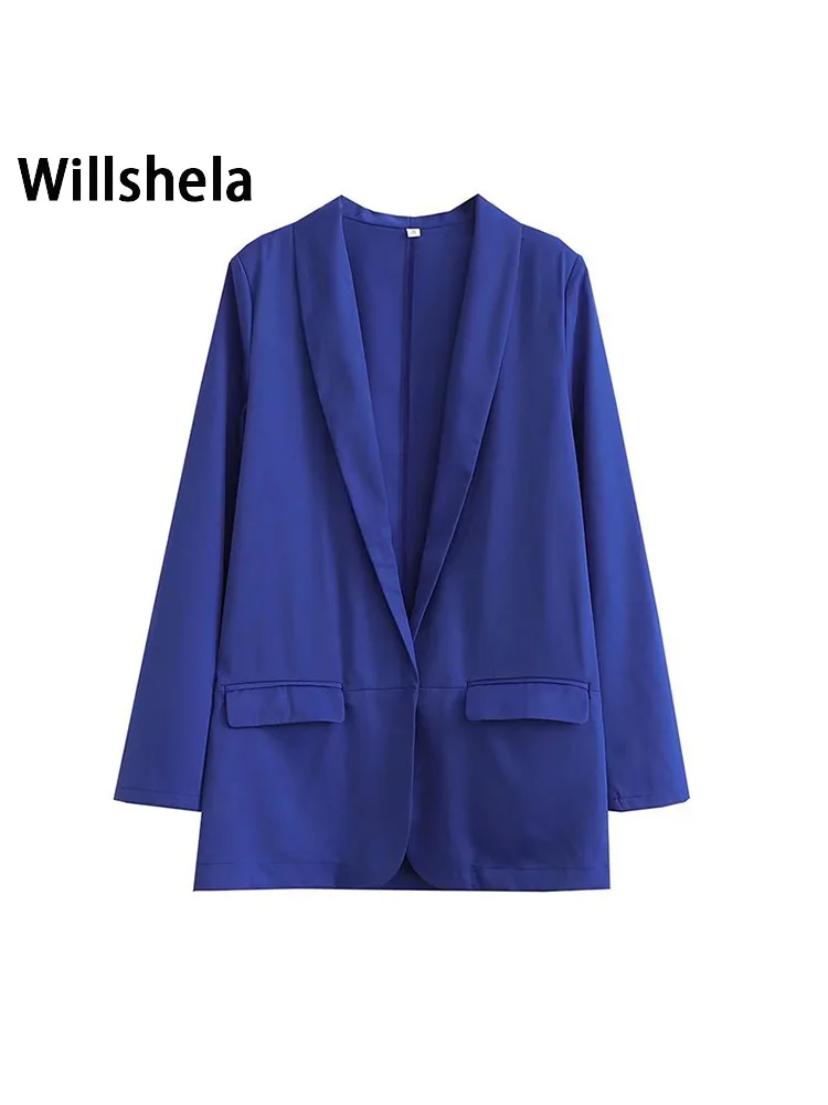 

Willshela Women Fashion With Pockets Solid Blazer Vintage Long Sleeves Notched Neck Female Office Lady Coats