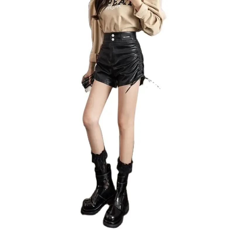 

Pu Leather Shorts Women Sexy High Waist Personalized Drawstring Booty Shorts Mujer Black Brown