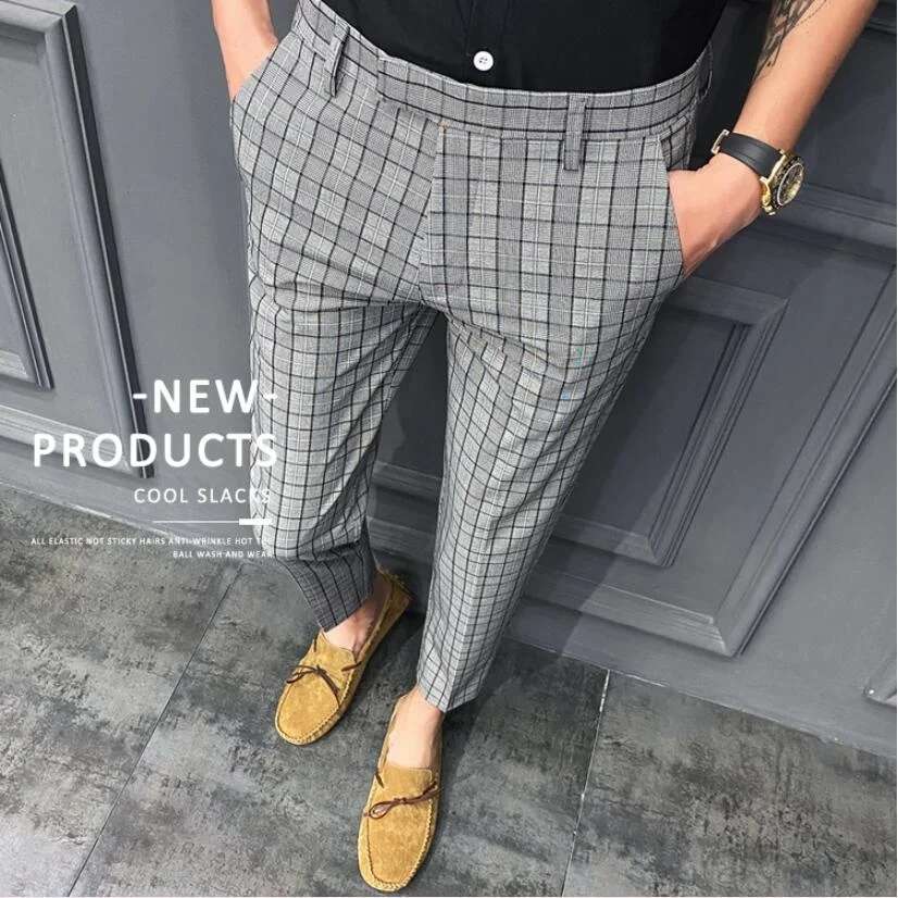 

2023 New British Style Dress Suit Pant Man Plaid Men Designer Gentlemen Business Casual Work Trousers 28-34