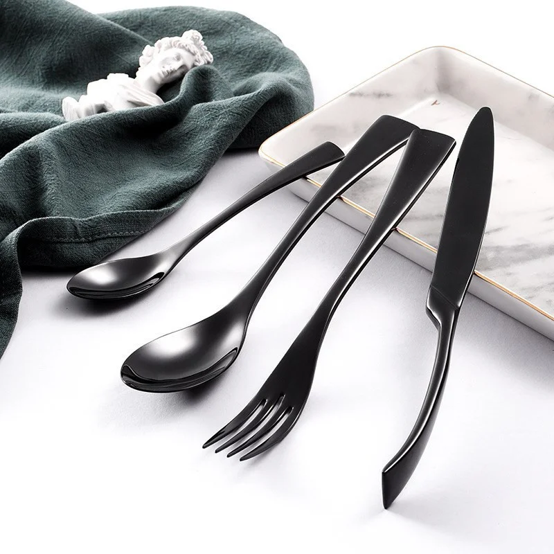 

4pcs/16pcs/24pcs High-end Black Stainless Steel Cutlery Set Mirror Tableware Steak Knife Fork Dessert Spoon Dinnerware Kits