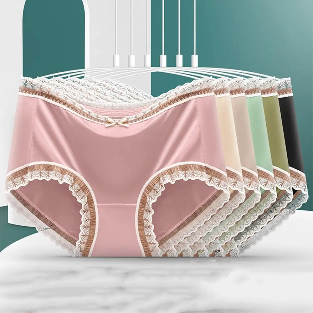 

Satin Bow Briefs Middle Waist Cotton Crotch Women Ice Silk Panties Traceless Panties Female Lingerie Women Thong