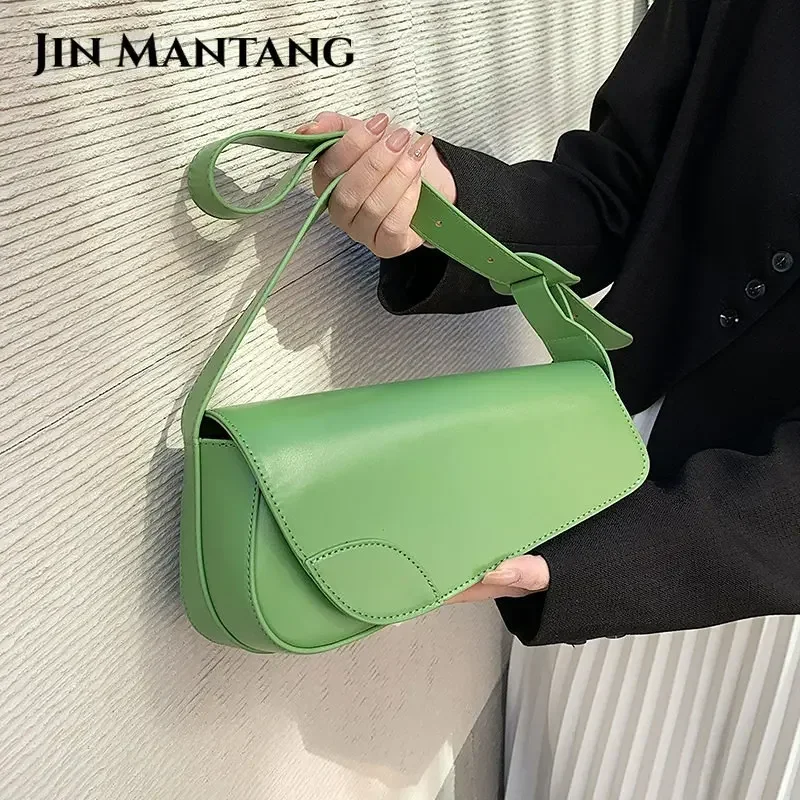 

JinManTang PU Leather Women's Designer Underarm Shoulder Side Bag Female Simple Solid Color Handbag Short Handle Green Red