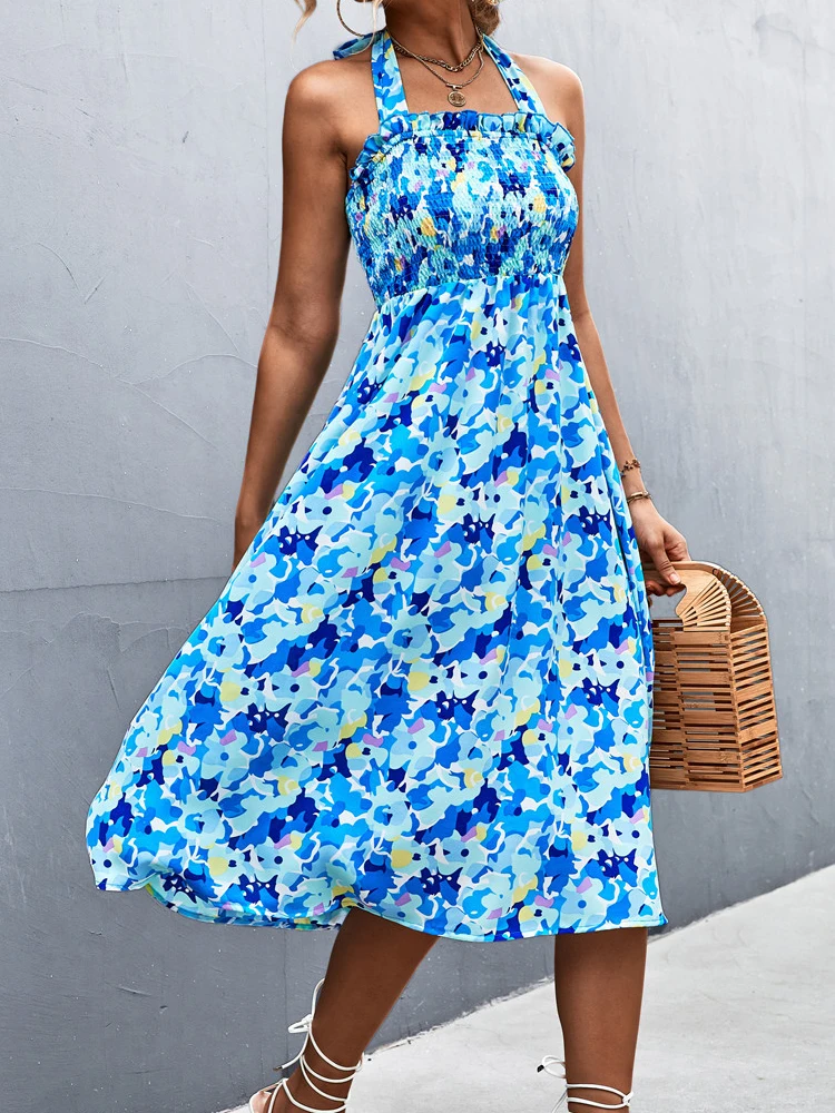 

Casual Sleeveless Lace-up Sling Beach Dress Holiday Women Elegant Floral Dresses Summer Female Slash Neck Draped Straps Dress