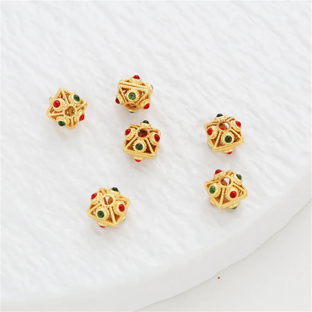 

18K gold-encrusted zircon hollow out three-dimensional flat beads through hole bracelet necklace DIY handmade jewelry loose bead