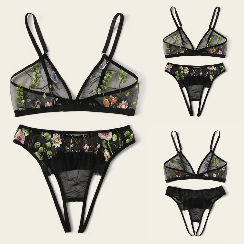 

Women Sexy Semitransparent Lingerie Embroidered Bikini Lingerie Tankini See Through Sheer Bra G-String Thong