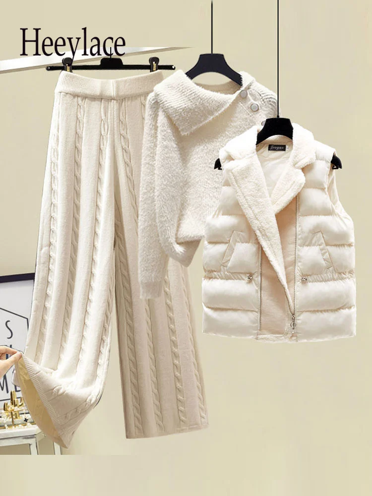 Winter Warm 3 Piece Set Women Pullover Sweater + Wide Leg Pants +Lamb Wool Vest Outfits Knitted Suit Tracksuit Womens Clothing |