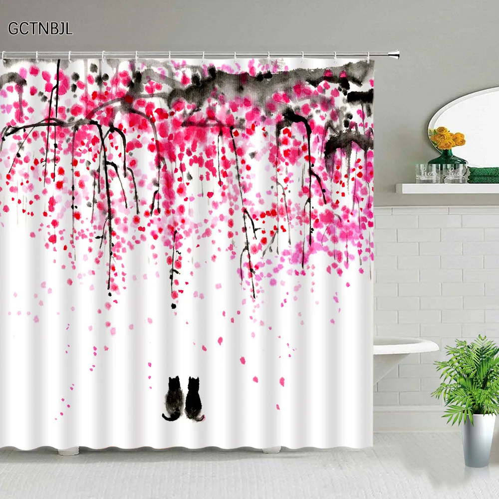 

Розовая Цветочная занавеска для душа, тканевый Декор в виде веток акварельных цветов, цветка сливы, персика, занавеска для ванной комнаты, н...