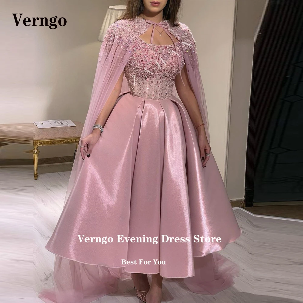 

Verngo Dubai Arabic Women Dusty Pink Satin Prom Dresses Glitter Beads Pearls Tulle Jacket Modern Evening Gowns Formal Party