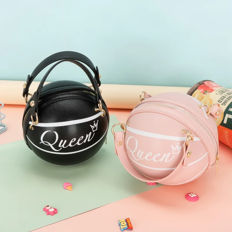 Basketball Round Women's Shoulder Bag 2023 Trend Personality Cartoon Small Handbag Leather Letter Printed Unique Cute Female Bag