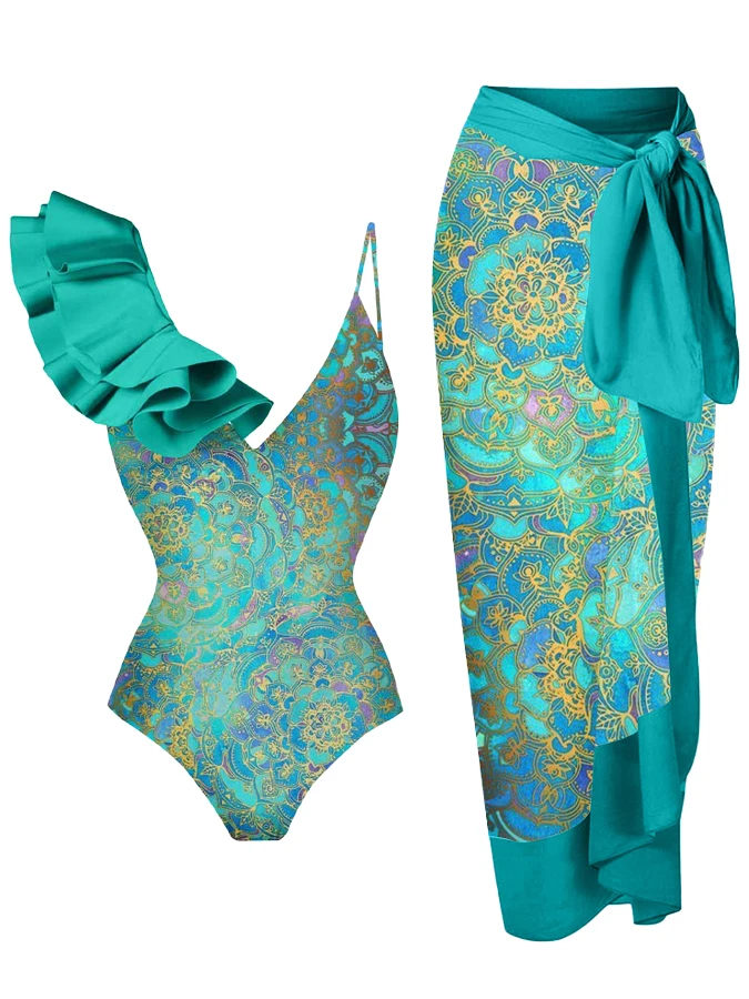 

2023 Women's Floral and Stripe V-neck One-Piece Swimsuit