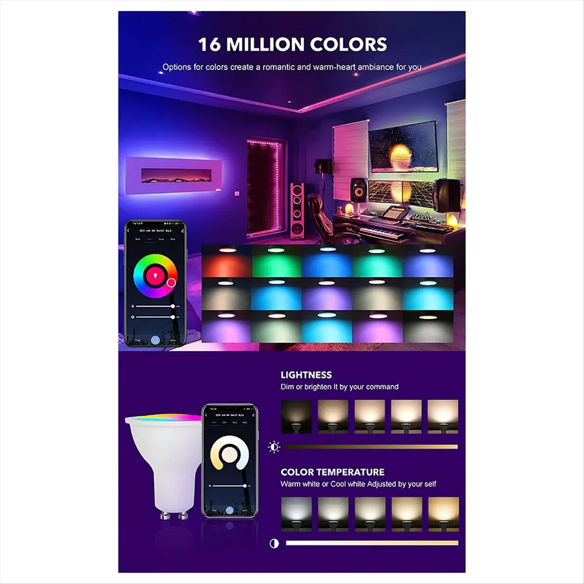Фото Набор из 4 светодиодных ламп Tuya Bulb GU10 RGB CW+WW, 5 Вт, с регулировкой яркости, управление через приложение Smart Life, модель A №1