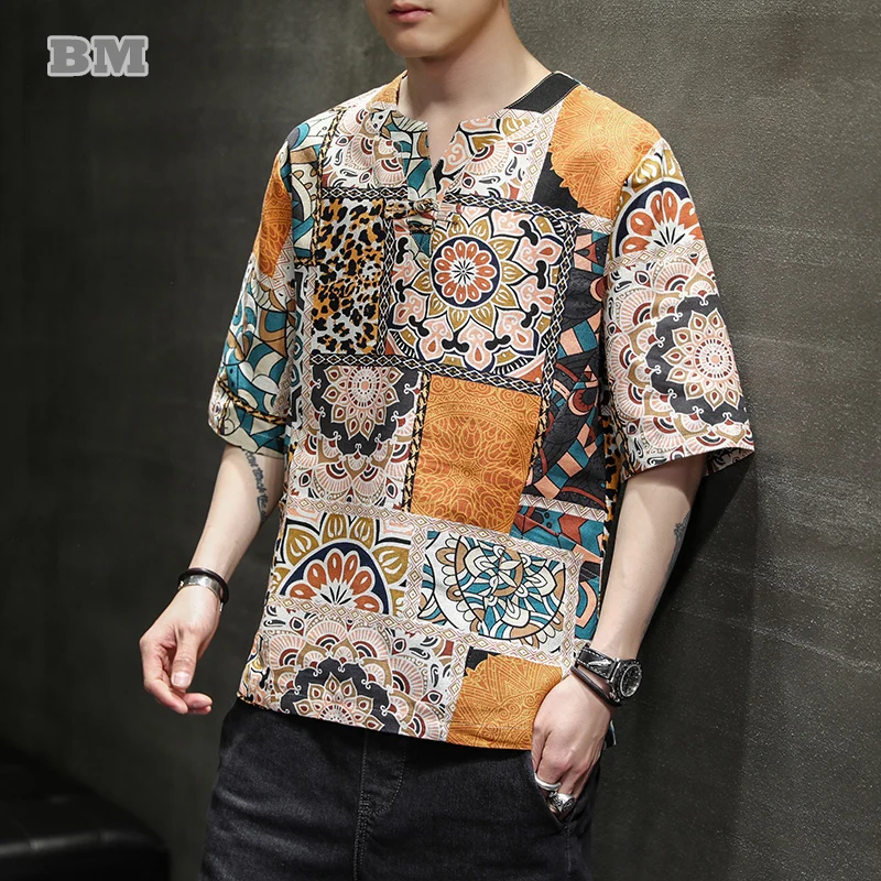 

Chinese Style Cotton Linen Plus Size Graphic T Shirts Men Clothing 2022 Summer Thin Thai Beach Style Short Sleeve Loose Tops