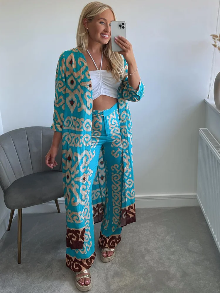 

KONDALA Vintage Blue Geometric Print Loose Long Dress Women V Neck Straight Fashion 2022 Summer Dress Elegant Mujer Vestidos