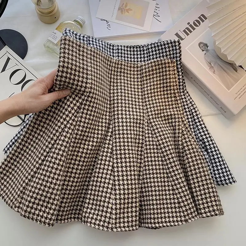 

Vintage Plaid Pleated Skirts Women Autumn Korean Mini Skirt Ladies Harajuku High Waist A-line Short Skirts Mujer Female