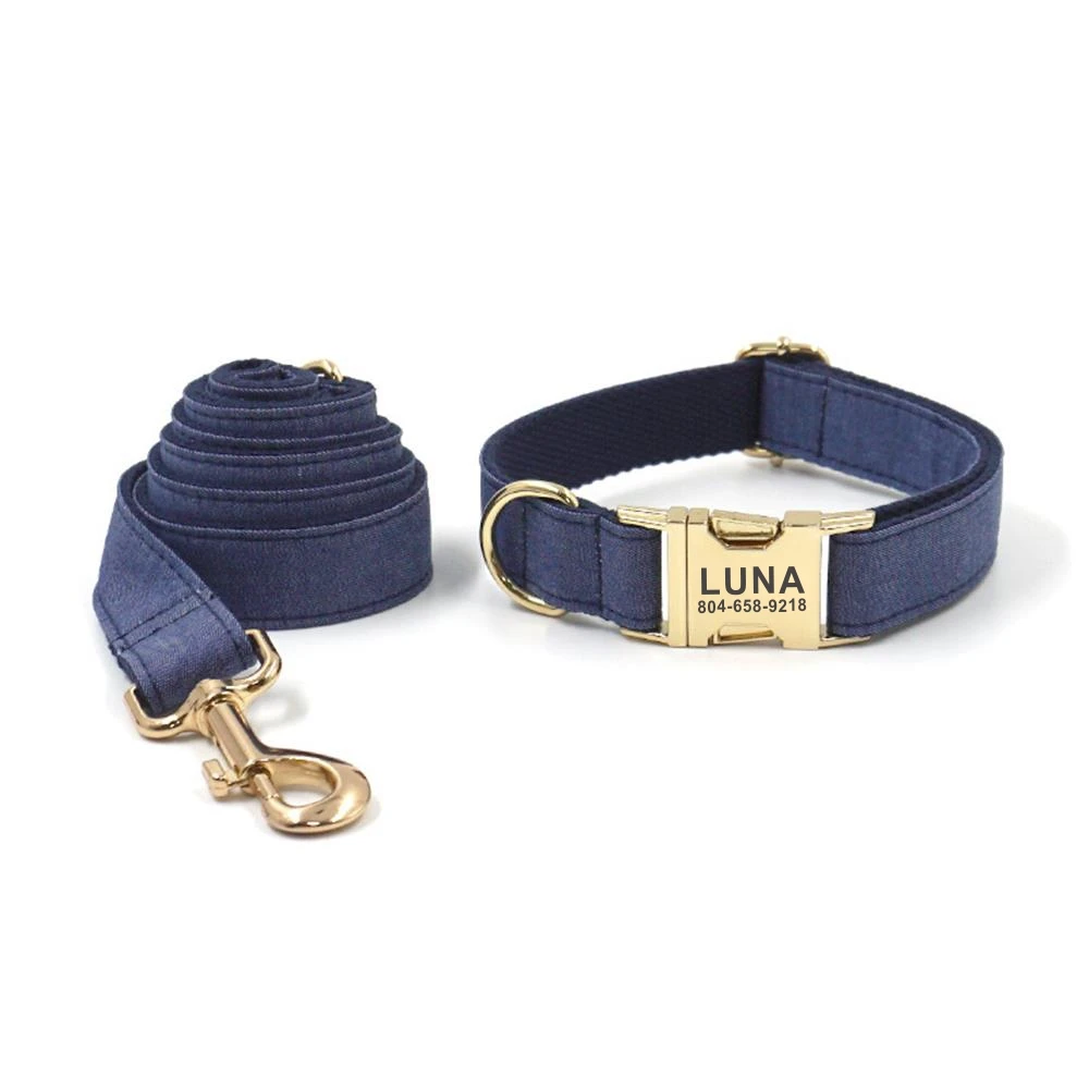 Personalized Dog Collar Custom Pet Collar Free Engraving ID Name Tag Pet Accessory Navy Blue Jean Style Puppy Collar Leash Set