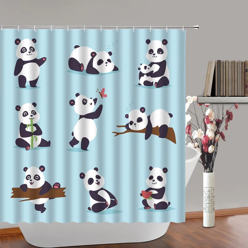 

Cute Panda Shower Curtain for Kids Bathroom Black White Animal Green Bamboo Children Bath Curtains Waterproof Fabric Sets Home