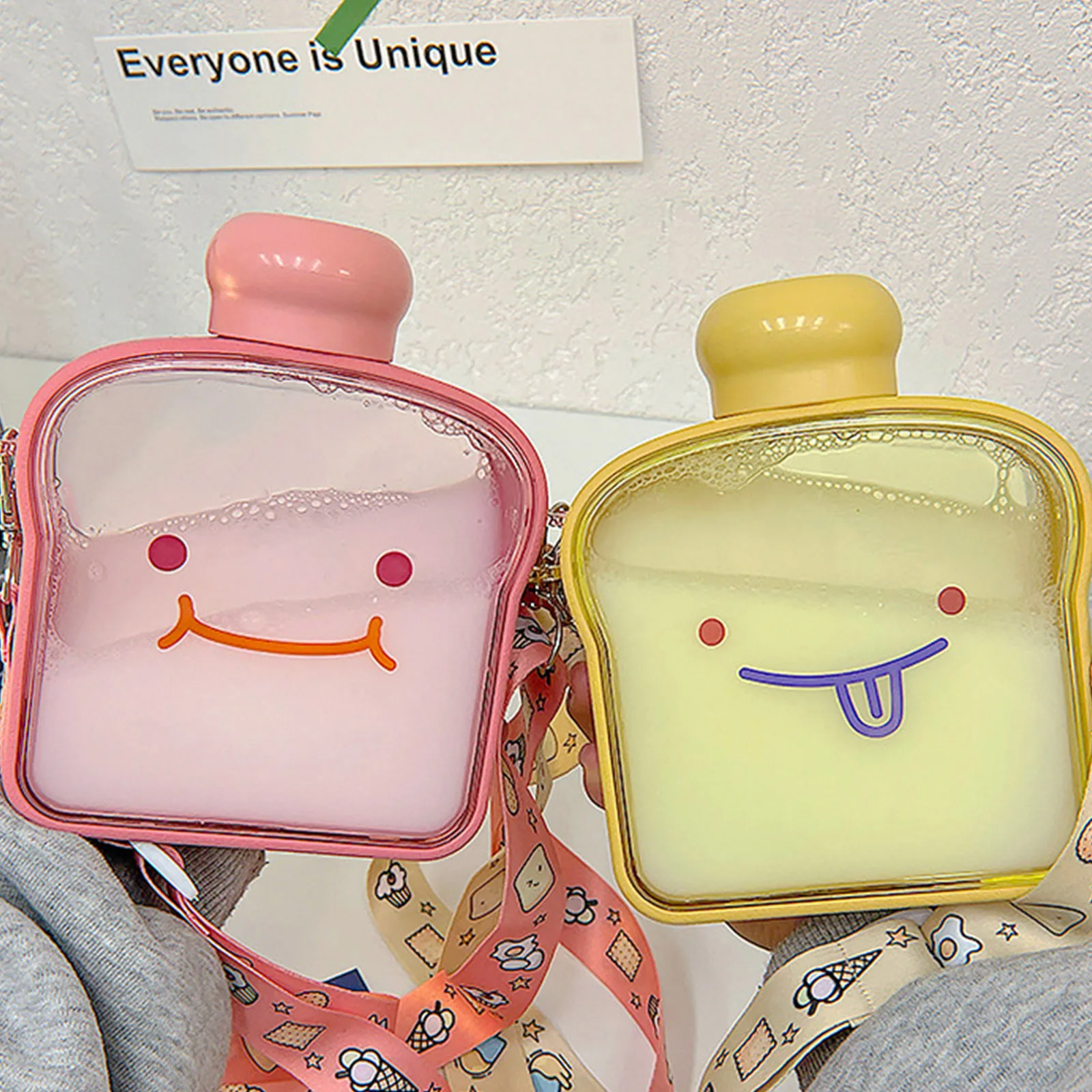 

380ML Bread Shape Designed Plastic Water Kettle Juice Bottles with Rotatable Threaded Lids Strap Containers Bottle Students Cup