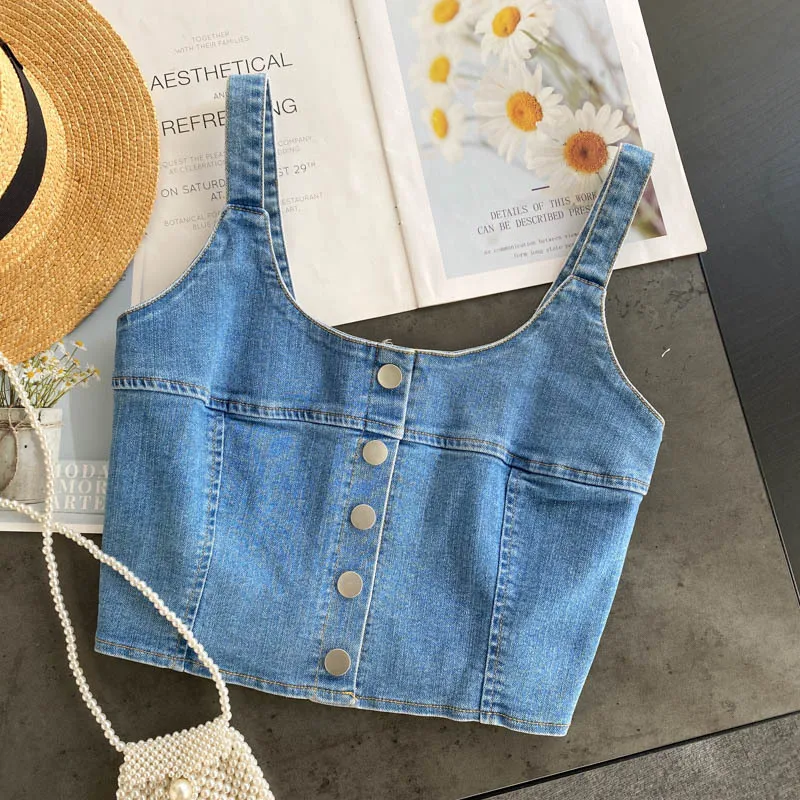 

Vintage crop tops single-breasted slim fit camisole off shoulder sleeveless denim vest 2022spring new camis fashion casual hot
