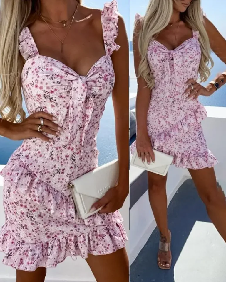 

Summer Dresses Woman 2022 Sweet Fashion Vacation Tied Detail Ruffle Hem Shirred Ditsy Floral Print Pencil Mini Dress