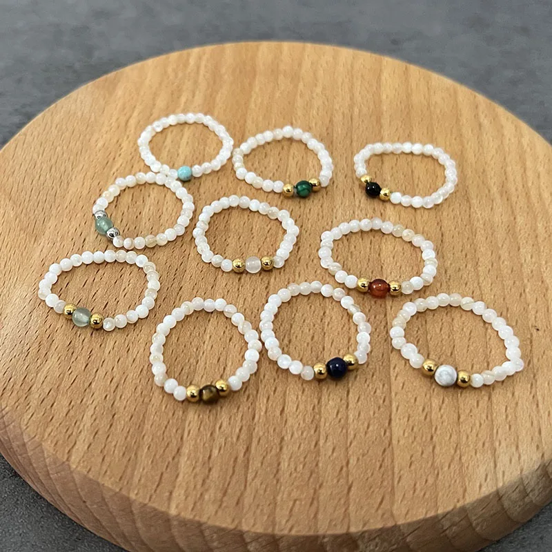 

Morebetter 2mm Shell Beaded Rings for Women Handmade Fashion Stretchy Jewelry Stainless Steel Natural Stone Wedding Ring Party