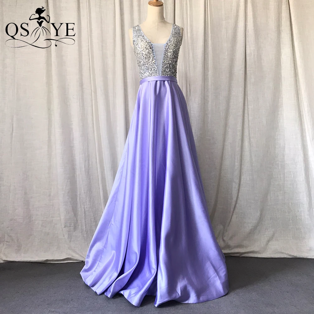 

Lavender Satin A line Prom Dresses Crystal Beaded Bodice Evening Gown V neck Sleeveless Party Princess Girl Illusion Formal Gown