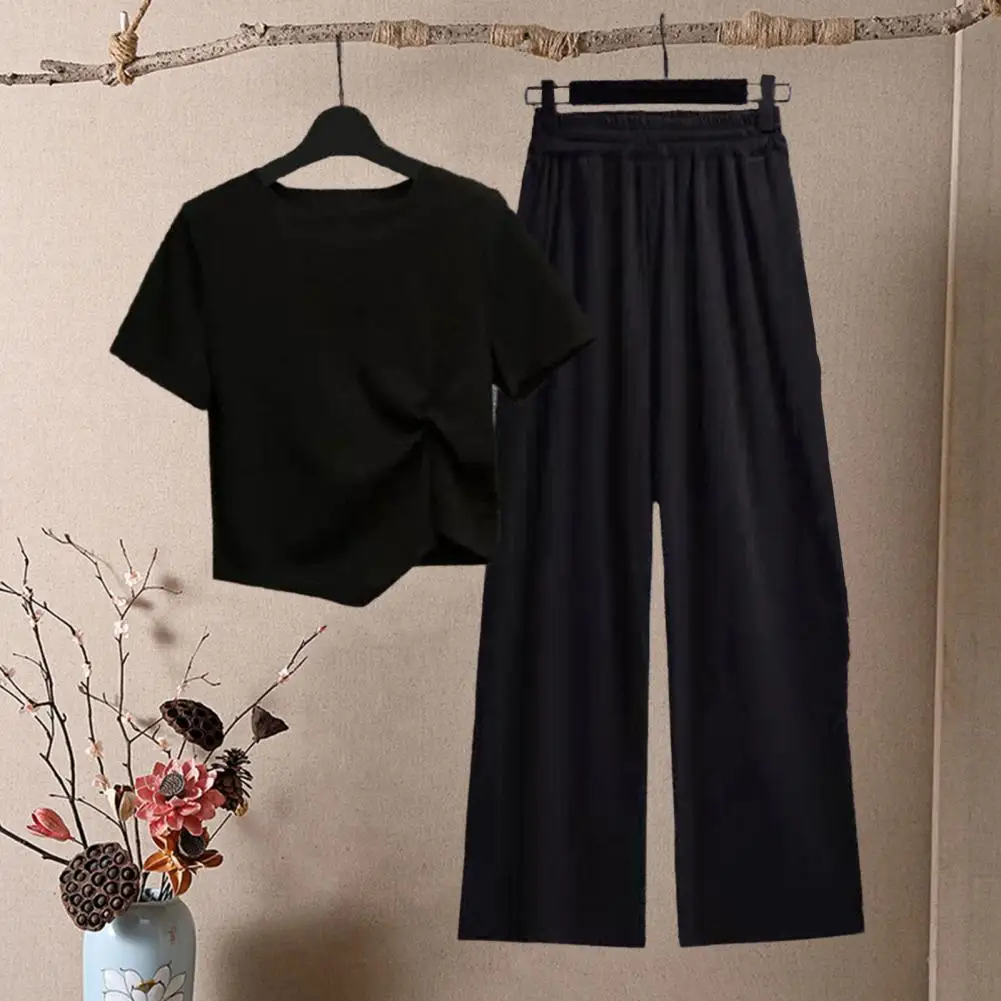 

2Pcs/Set Women T-shirt Pants Set Casual Knot Decor Irregular Hem Sportwear Wide Leg Young Style Lady Tracksuit Female Clothes