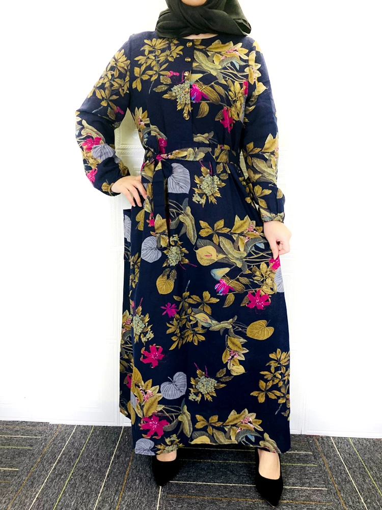 Abaya для женщин Дубай 2022 халат Женское хлопковое длинное платье с цветочным принтом круглый вырез Турция ислам платья для женщин 5XL свободные