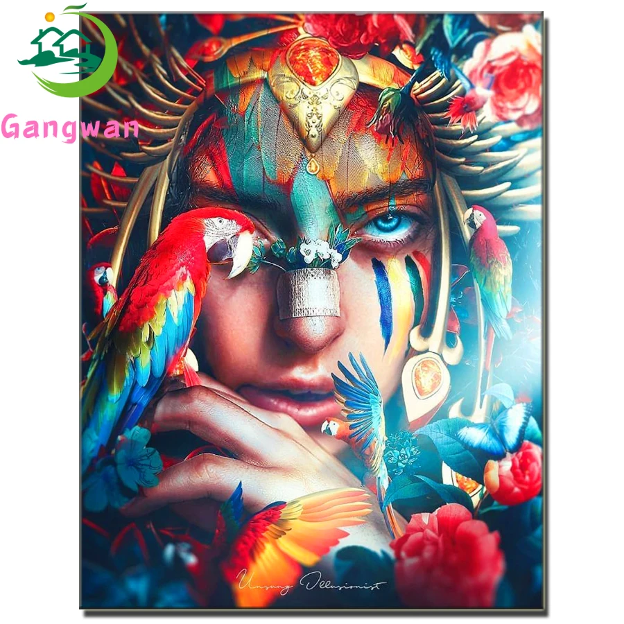 

Алмазная 5d-картина «сделай сам», попугай, девочка, домашний декор, полная квадратная круглая Алмазная вышивка, перо, индийская вышивка крестиком, Алмазная мозаика