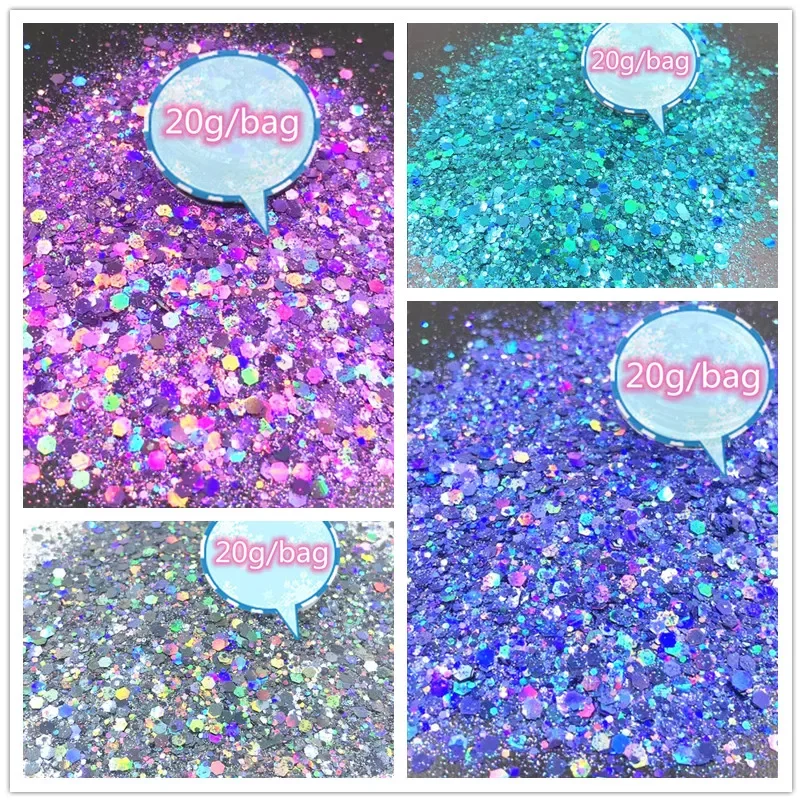 

2023NEW Laser Hexagon Holographic Chunky Glitter Nail Tips Glitter Powder Mermaid Flakes Sparkly Glitter Resin Crystal mud
