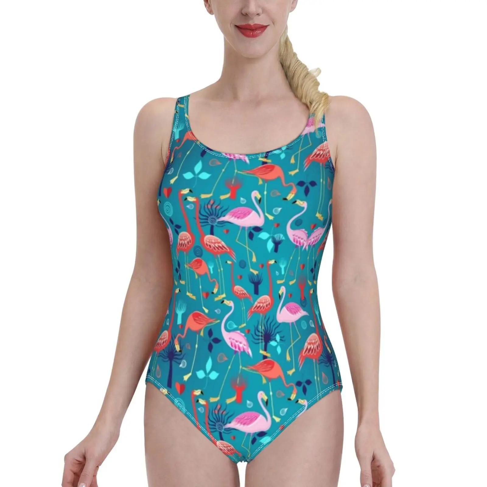 

Женский слитный купальник с принтом фламинго и открытой спиной