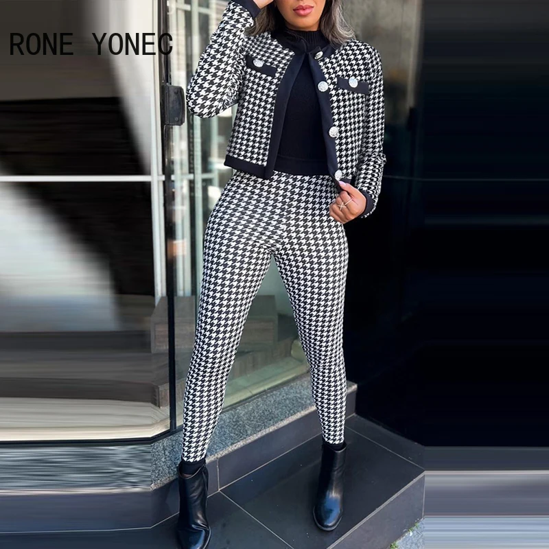 

Women Elegant Button Houndstooth Pattern Short Jacket Tops & Skinny Pencil Pants Blazer Sets