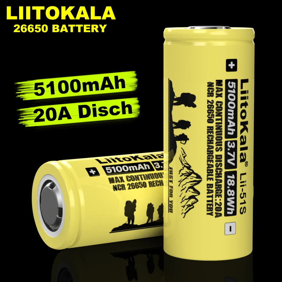 

2-15PCS Liitokala Lii-51S 26650 20A power lithium rechargeable battery, 26650A 3.7V 5100mA Suitable for flashlight