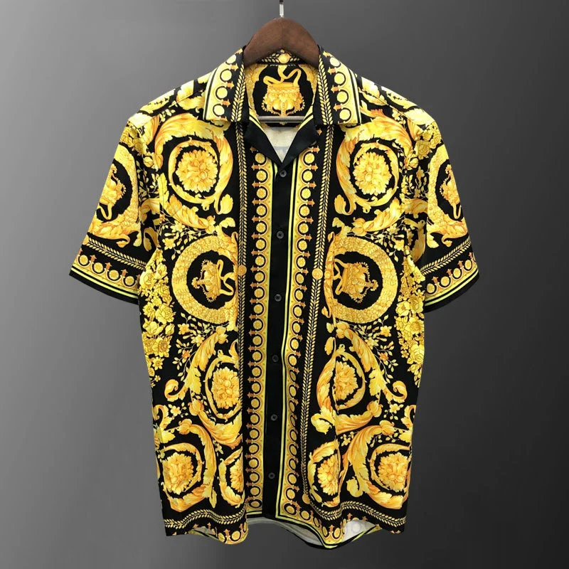 

Luxury Black Gold Full Flower Shirt Men Casual Camisa Masculina Slim Triangle Print Dress Short Sleeve