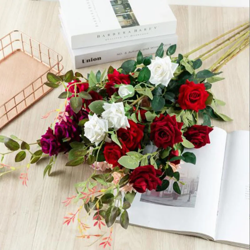 

5 Head Artificial Rose Flowers Long Stem Flower Arrangement Diy For Party Pink Wedding Wall Garden Home Decor Silk Fake Flowers