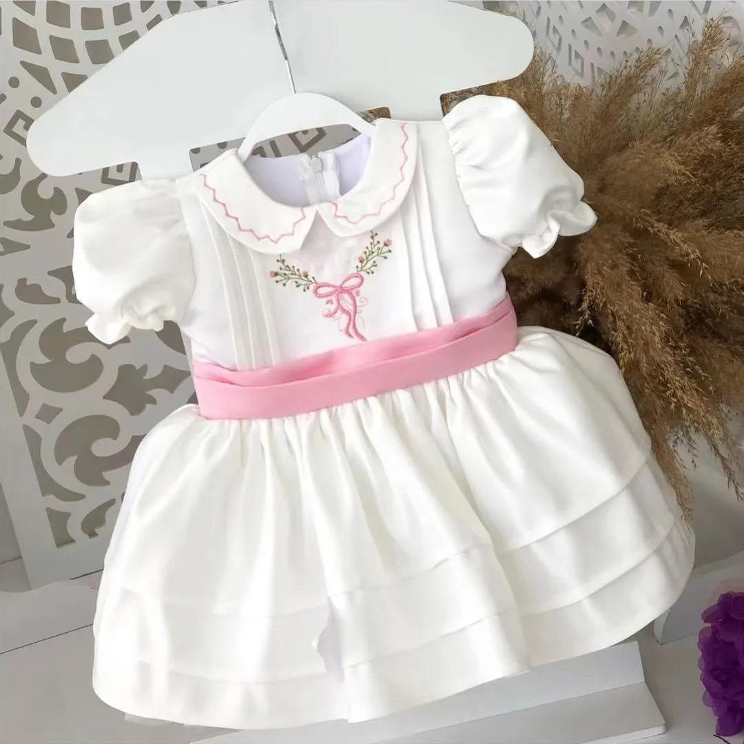 

Letter Customization Baby Girl Summer White Turkish Vintage Lolita Princess Dress for Birthday Holiday Party Eid Photography