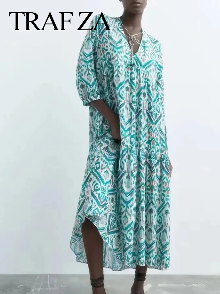 

TRAF ZA Women's Casual Loose Print Dress V-Neck Tie Chic Pullover Ninth Sleeve Comfortable Long Dress 2022 Summer Clothing
