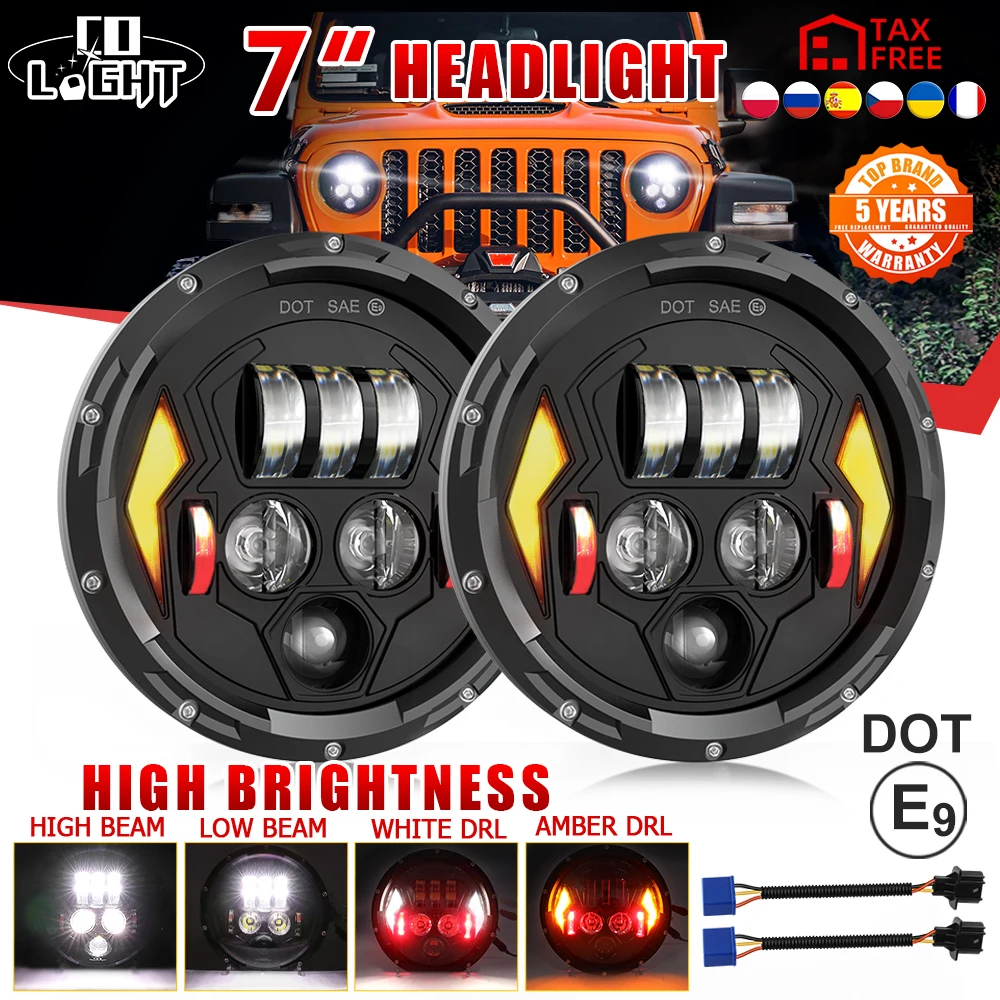 

CO LIGHT New 7inch LED Headlight H4 Hi-Lo With Halo Angel Eye DOT E9 White Amber DRL For Lada 4x4 Urban Niva Uaz Car Accessories