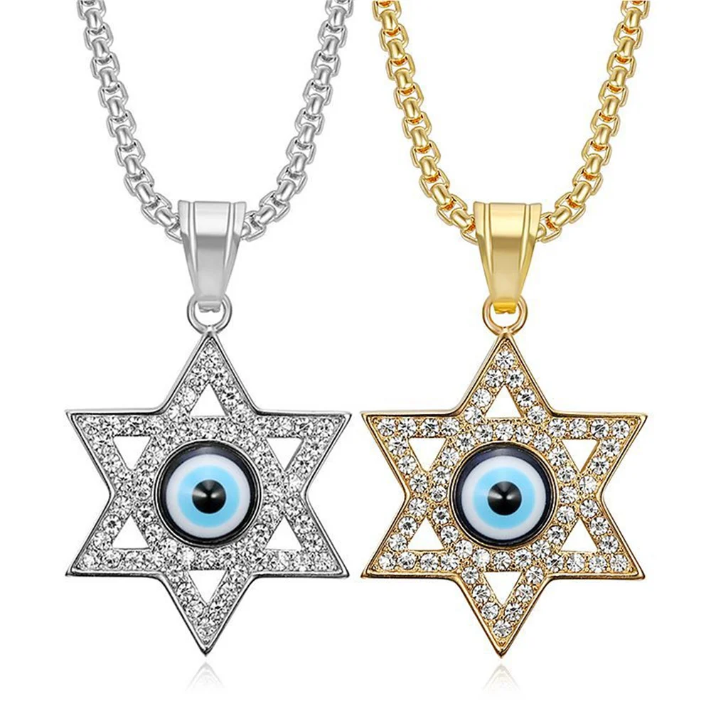 

Iced Out Jewish Star of David Evil Eyes Pendant Necklaces Stinless Steel Hexagram Necklace For Women Men Hip Hop Jewelry Gift