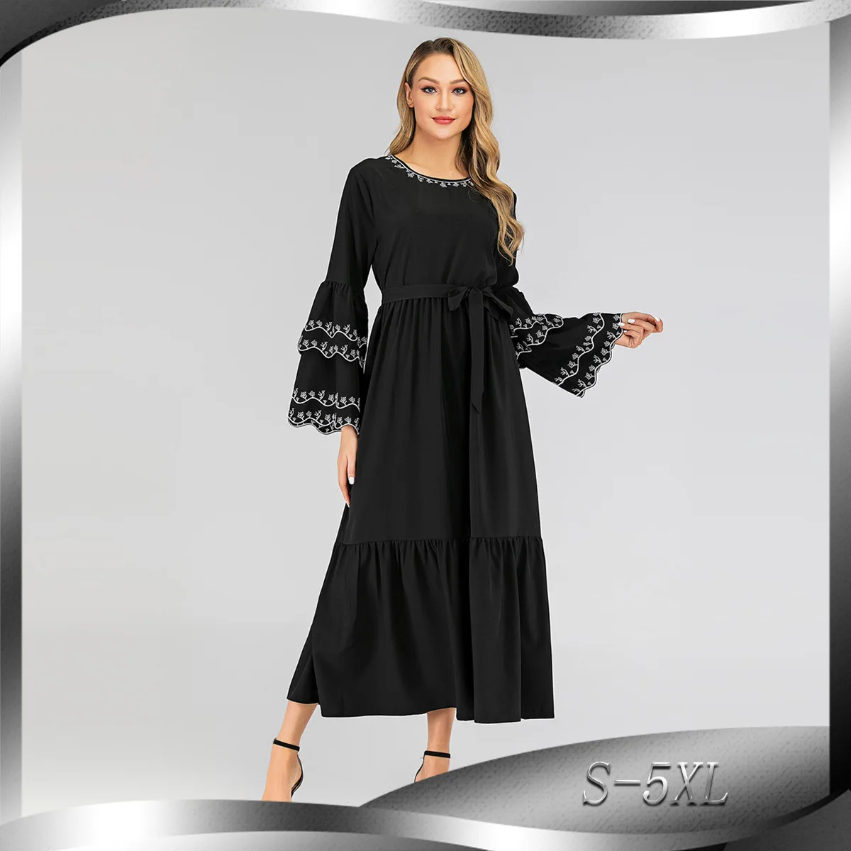 Woman Dress Spring/Autumn Middle East Muslim Fashion Embroidery Petal Sleeve Dress Long Sleeve Dubai Turkey Long Dresses Belt