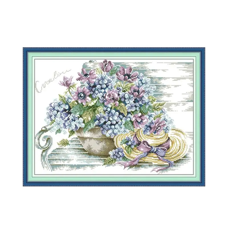 

Голубая Гортензия с шапкой, вышивка крестиком, наборы для вышивки в гостиную «сделай сам» 11CT 16CT, материал для рукоделия с принтом, набор хлопковых ниток