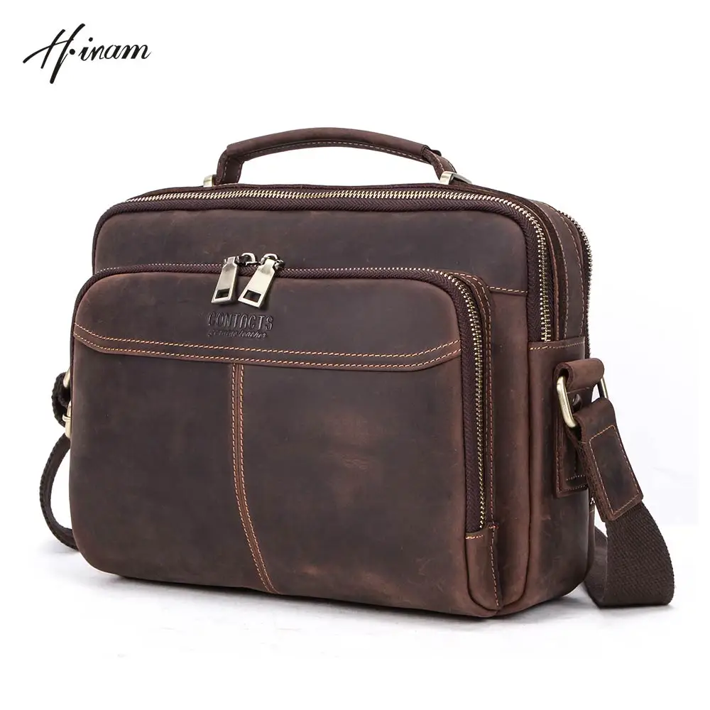 Contacts genuine crazy horse leather vintage Men Briefcase for ipad 9.7inch retro zipper male handbag shoulder bag messenger bag