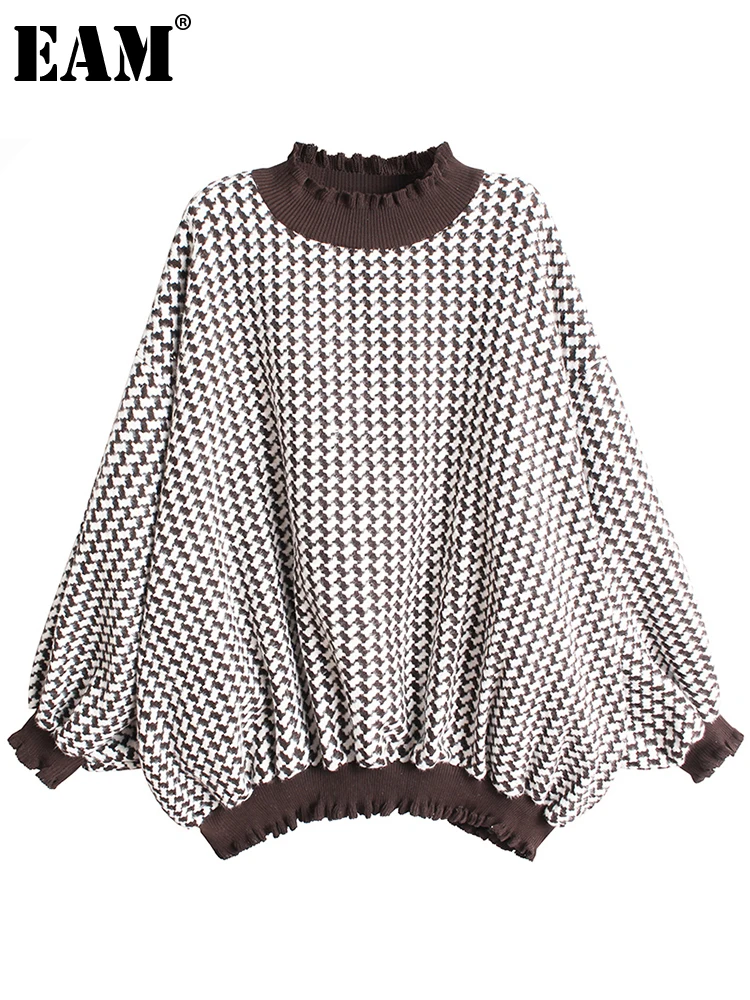 

[EAM] Loose Fit Brown Plaid Big Size Sweatshirt New Turtleneck Long Sleeve Women Big Size Fashion Tide Spring Autumn 2022