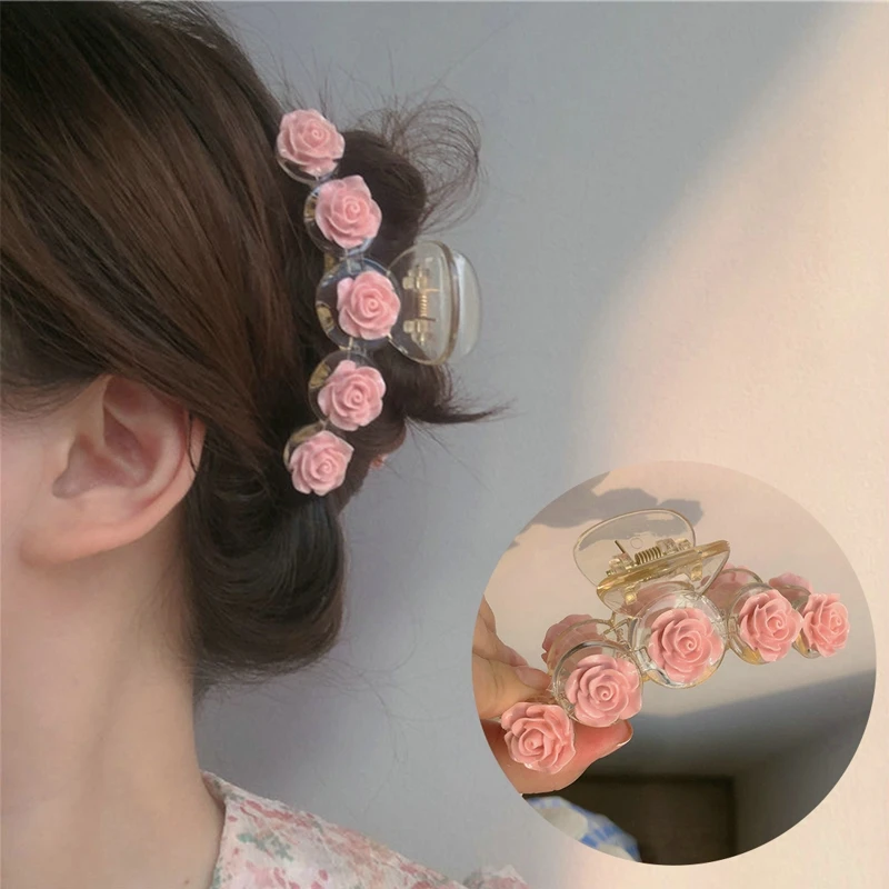 

Pink Rose Flower Hair Claw Clip Bowknot Barrette Ponytail Holder Cute Hairclip Hair Accessories For Women Girls Party Gift